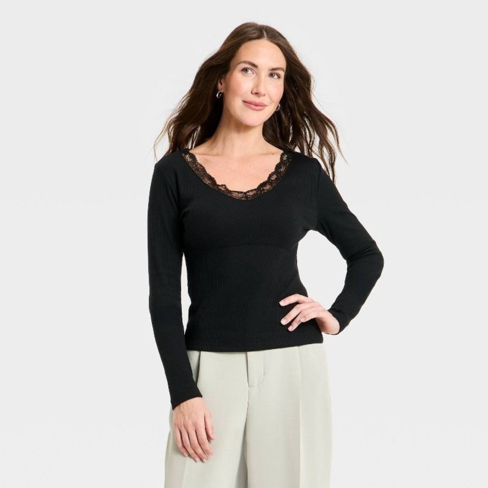 A New Day Women Black Lace Trim V-Neck Ribbed Long Sleeve Top Small NWT